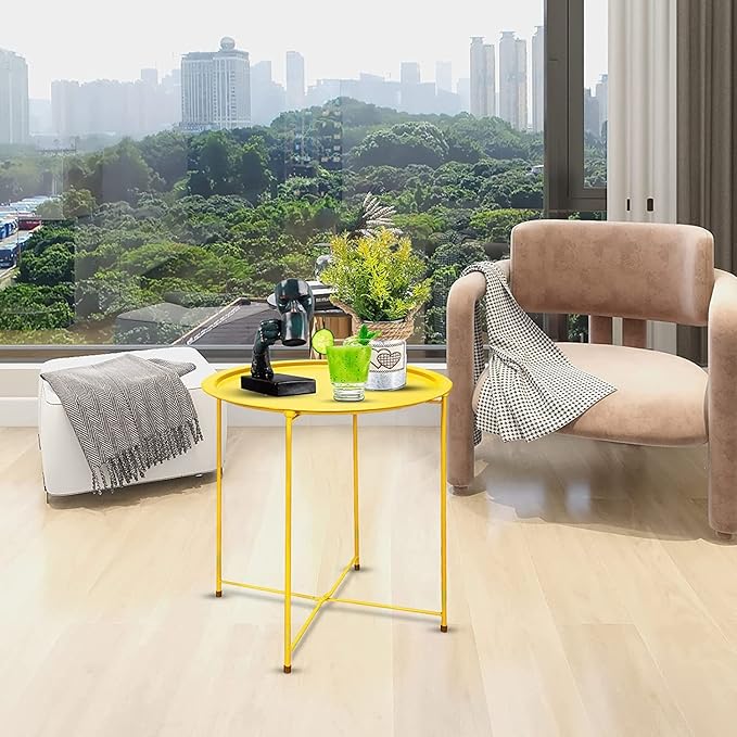 Garden 4 you End Table 2 PCS Metal Side Table Yellow Round Folding Tray Cyan Sofa Small Accent Fold-able Table, Round End Table Tray, Next to Sofa Table, Snack Table for Living Room and Bed Room