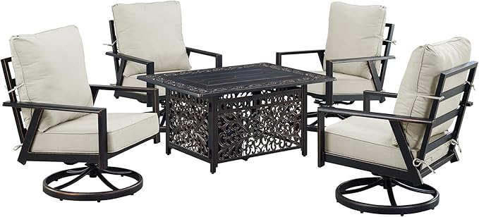 Oakland Living Black Aluminum Patio Fire Table Set with Four Club Chairs with Light Grey Cushions