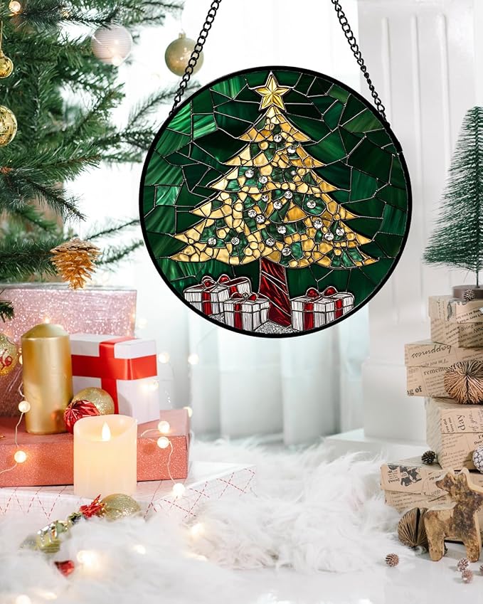Stained Glass Window Hanging - Gold Green Christmas Tree Suncatcher for Doors Home Christmas Decoration Winter Sun Catcher Thanksgiving New Year Birthday Gifts for Women Men Mom Nana 7.8 in