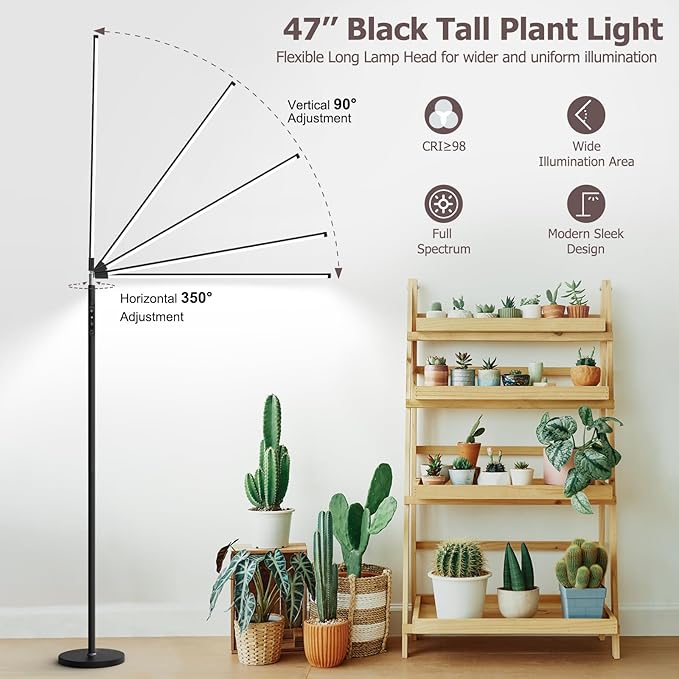 STERREN Plant Floor Lamp for Indoor Plants, Full Spectrum LED Grow Light with 4/8/12H Timer, Dimmable Black Plant Light with Stand, Rotary Tall Grow Lights Head Adjustable, 4000K