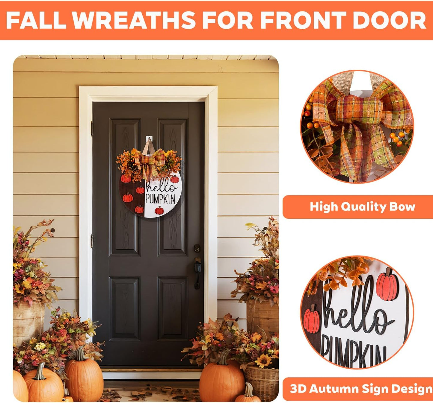 Hello Pumpkin Wooden Door Hanger Fall Outdoor Wreath with Bow & Wreath | Thanksgiving Fall Front Door Decor | Rustic Harvest Farmhouse Sign for Porch, Wall | Indoor Outdoor Autumn Home Decor