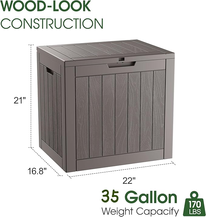 KAMABOKO Deck Box, 35 Gallon Resin Indoor and Outdoor Storage Boxes Waterproof for Garden Tools, Pool Accessories Storage Bench, Patio Furniture and Cushions with Lockable Lid, Grey