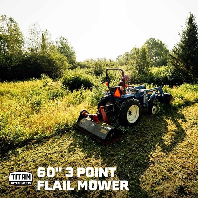 Titan Attachments 3 Point 60" Flail Mower with Replaceable Forged Hammer Blades, PTO Powered 30-60HP Mowing Attachment for Category 1 Tractors and Loaders, Mulch up to 3" Diameter Wood