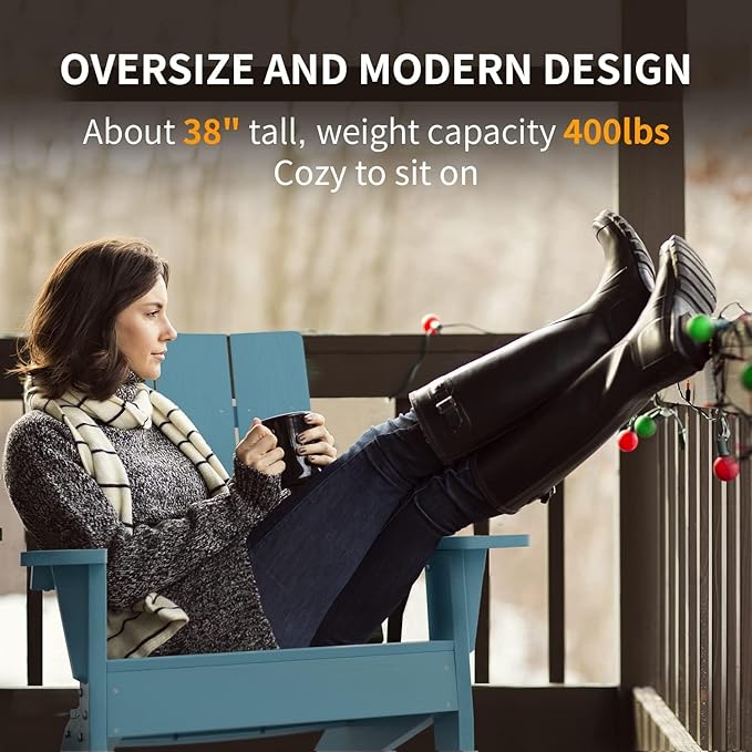 MXIMU Modern Adirondack Chairs Set of 2 Weather Resistant with Cup Holder Oversize Plastic Fire Pit Chairs Adorondic Plastic Outdoor Chairs for Firepit Area Seating (Blue)