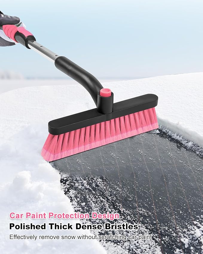 SEAAES 33 Inch Snow Brush and Ice Scraper for Car Windshield, Extendable Snow Scraper and Brush with Foam Grip for Truck SUV Vehicle Window - Pink