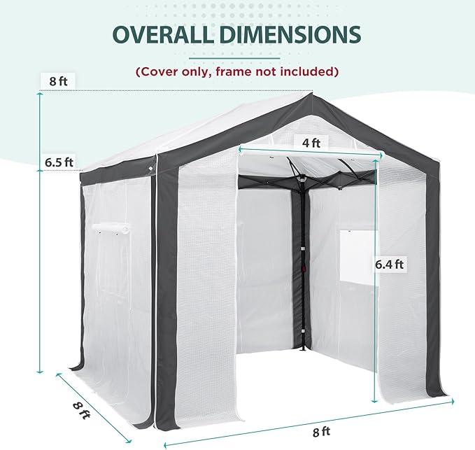 EAGLE PEAK Replacement Cover for 8x6 Portable Pop up Greenhouse with Polyester Reinforced Corners, Front Roll-Up Zipper Entry Door and 3 Large Roll-Up Side Windows (Frame Not Included), Gray/White