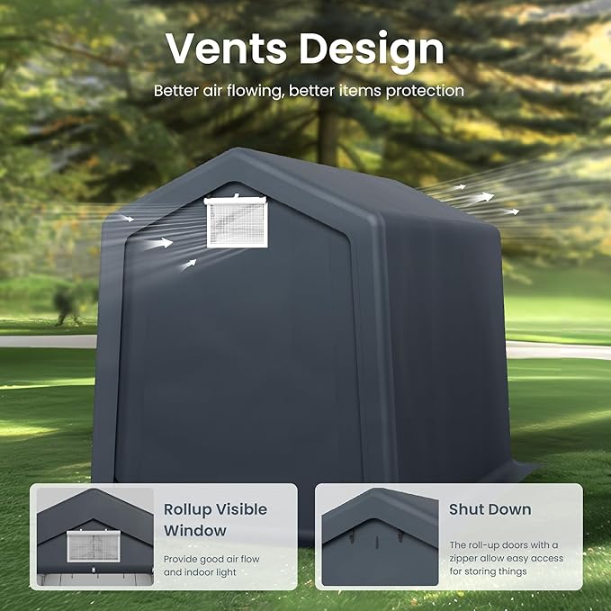 PHI VILLA 6'x10'x7' Outdoor Portable Storage Shelter Shed Garage with 2 Roll up Zipper Doors & Vents Carport for Motorcycle Bike Waterproof and UV Resistant Anti-Snow Portable Garage Kit Tent, Gray