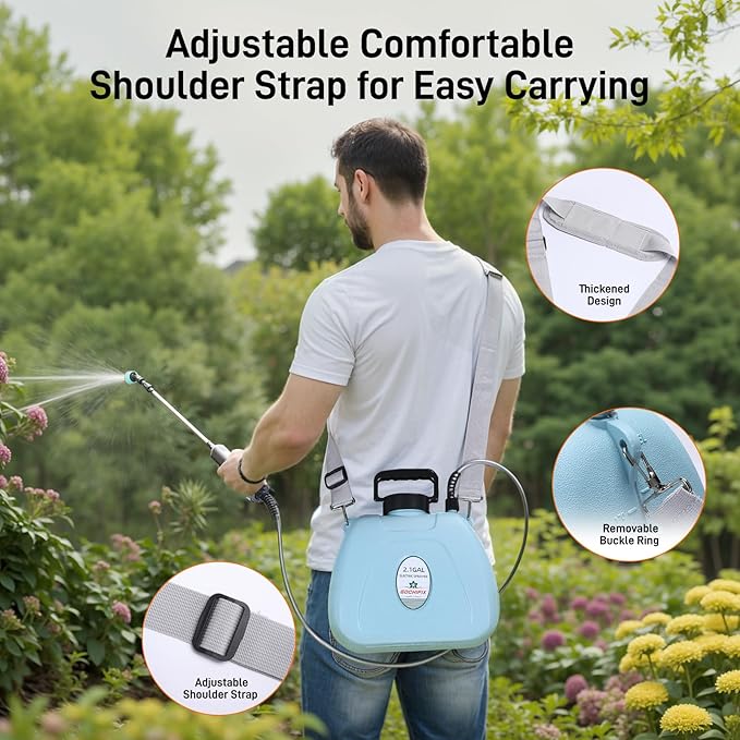 Electric Garden Sprayer 2.1 Gallon, 4 Mist Nozzles, Telescopic Wand, Adjustable Shoulder Strap, USB Rechargeable Waterproof Handle, Automatic Plant Mister for Lawn Garden
