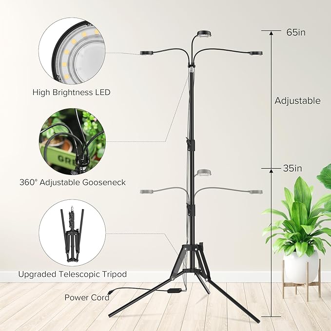 SANSI Grow Lights for Indoor Plants, Dimmable 30W Plant Lights for Indoor Growing, 3 Head 35"-65" Adjustable Tripod Stand Plant Grow Lights Indoor Auto On/Off Timer Led Grow Lights for Indoor Plants