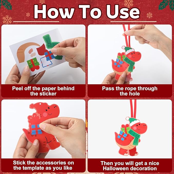 Yexiya 24 Sets Christmas Craft Kits Dinosaur Ornament Craft DIY Dino Hanging Ornaments with Sticker and Ribbon Christmas Tree Santa Hats Candy Canes Hanging Decor for Xmas Party Decoration