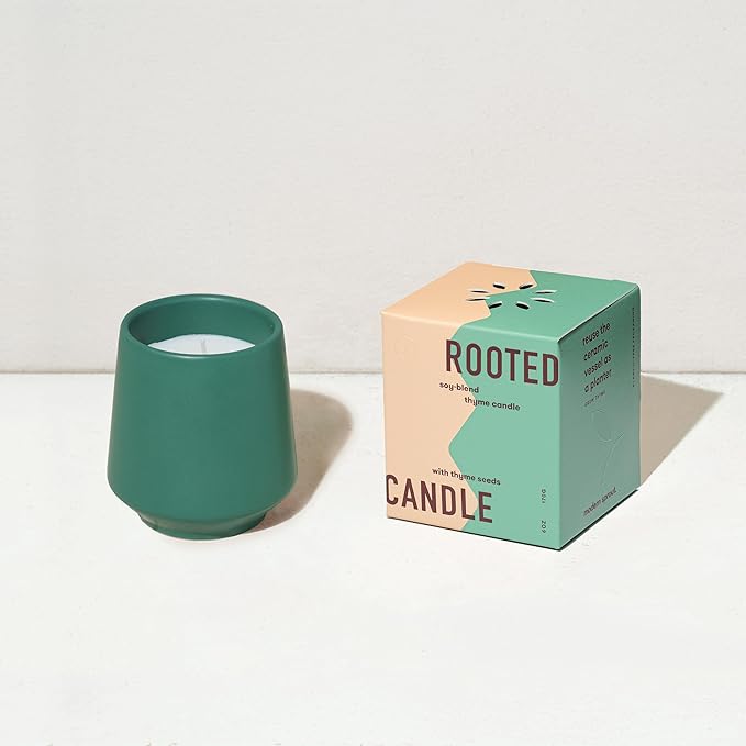 Modern Sprout Rooted Candle - 2 in 1 Tonka Bean Scented & Soy Candle with Seeds That Grows into Thyme Plant - 6 oz w/ 42 hr Burn time in Matte Glaze Ceramic Vessel Ideal for Indoor Herb Garden