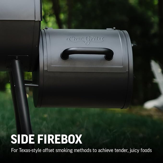 Char-Griller®Smokin Pro Charcoal Grill and Offset Smoker with Side Fire Box, Dual Damper Control, Chrome Plated Steel Warming Rack, 1,130 Cooking Square Inches in Black, Model CG30044223