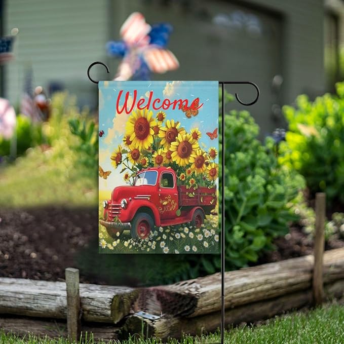 Welcome Flower Truck Garden Flag 18x24 inch Spring Old Car Daisy Sunflower Double Sided Decorative House Yard Flags for Spring Summer Garden Yard Outdoor Indoor Lawn Farmhouse Outside Decoration