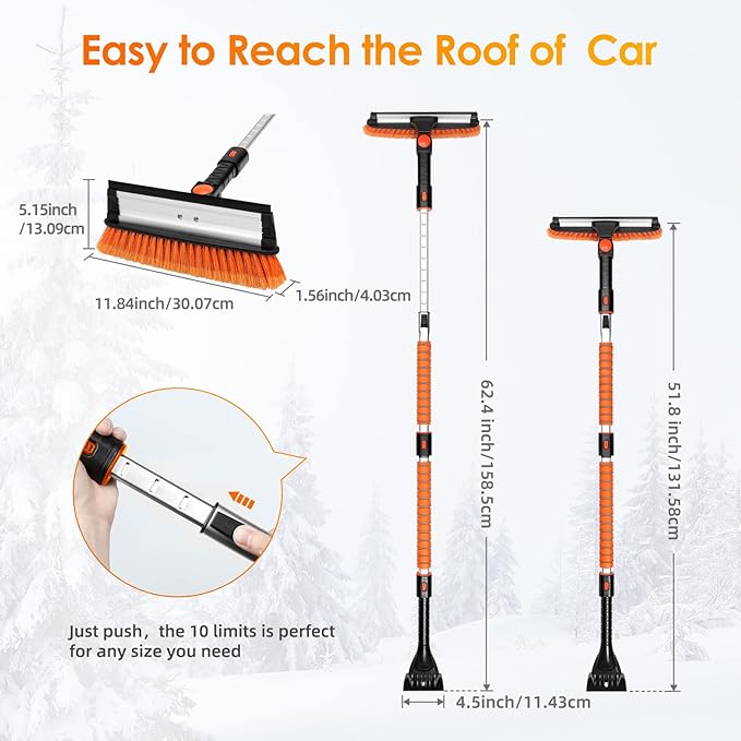 AstroAI 62.4" Ice Scrapers for Car Windshield, 3 in 1 Sturdy Snow Brush with Squeegee, 10 Adjustable Length Settings, Extendable Aluminum Handle, 180° Pivoting Snow Brush for Car, Truck, SUV(Orange)