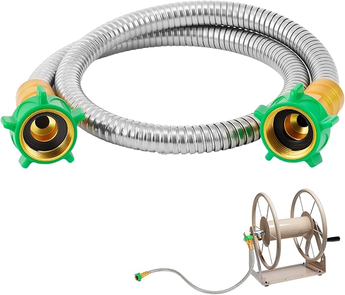 3ft Short Garden Hose with Female to Female Connector - Metal Leakproof Leader Hose for Hose Reel, Heavy Duty 304 Stainless Steel Flexible Hose for Outdoor Garden Watering Car Pet Cleaning