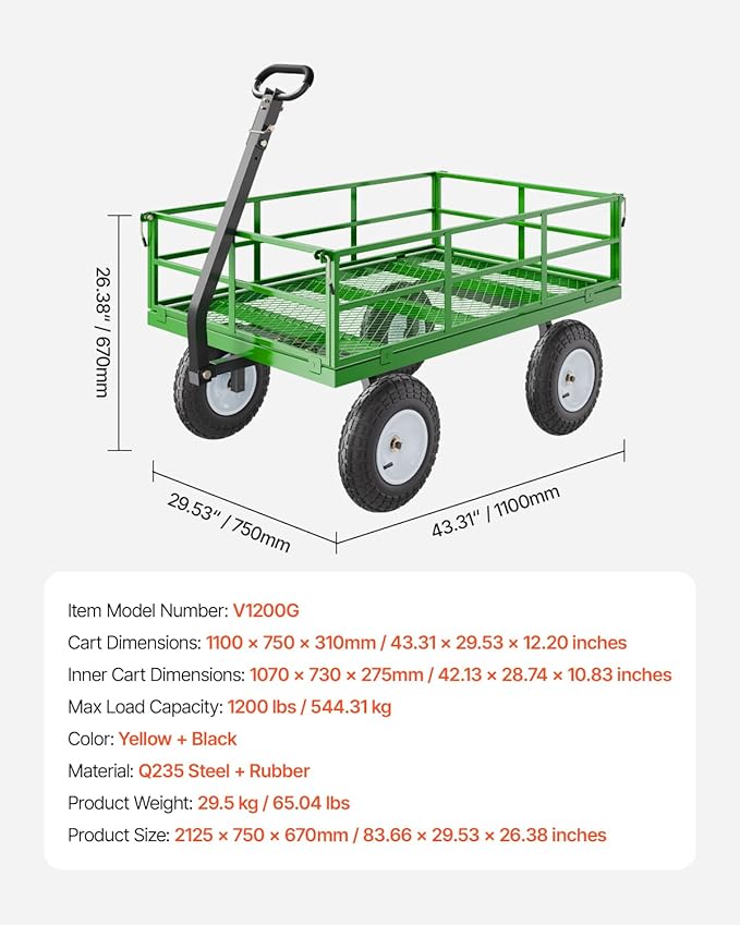 VEVOR 1200 Lbs Steel Garden Cart, Heavy Duty Pullable Garden Wagon Yard Cart, 2 in 1 Outdoor Metal Utility Wagon Yard Trailer with 13" All Terrain Tires, Mesh Removable Sides and 180°Rotating Handle