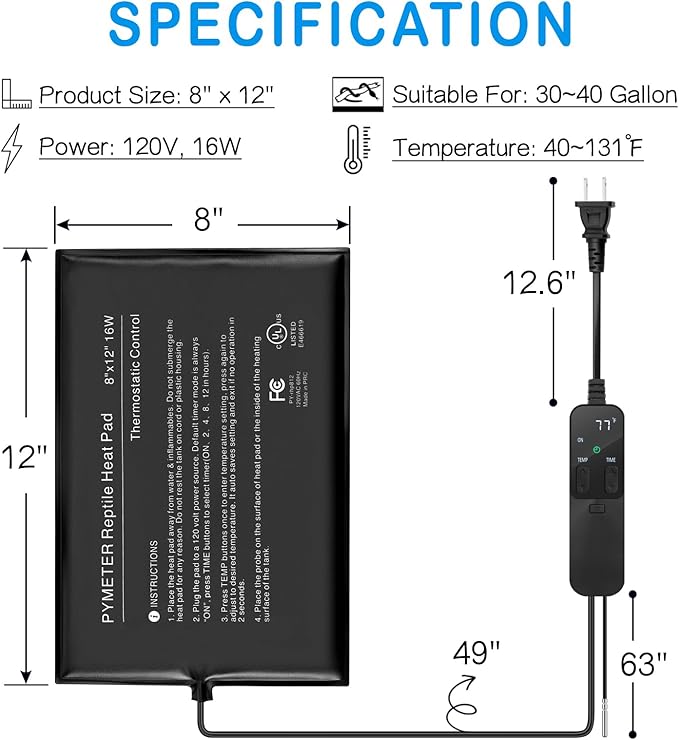 Reptile Heating Pad with PID Thermostat & Timer 8"x12" Terrarium Under Tank Heater for Hermit Crab/Snake/Turtle/Lizard/Frog/Spider, and Other Reptiles