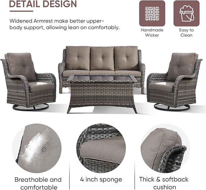 Patio Furniture 4 Piece, All-Weather PE Wicker Outdoor Furniture Set with Coffee Table,Outdoor Patio Furniture with Swivel Rocker Chairs and Outdoor Sofa, Grey/Beige
