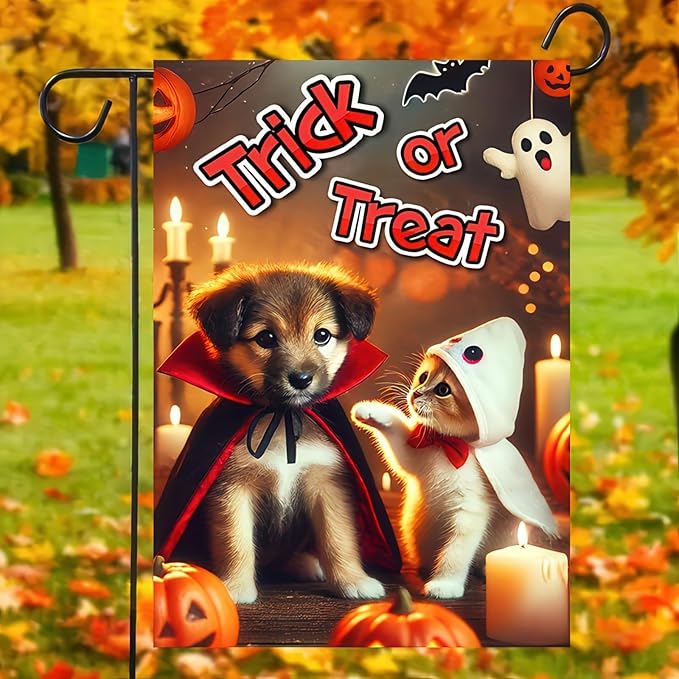 Halloween Garden Flag 12x18 Flag Dog And Cat Ghost Pumpkin Garden Flag Trick Or Treat Design With Puppy And Kitten Flag Outdoor Yard Lawn Patio Decoration Banner