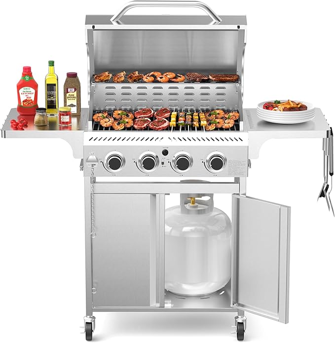 4-Burner Propane Gas Grill with 304 Stainless Steel Cooking Grid, Hanging Hooks/Heat-Resistant Handle, 32000BTU Stainless Steel BBQ Grill with Portable Wheels for Camping/Patio/Backyard