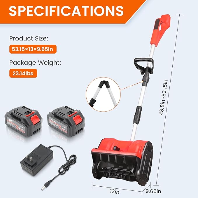 13" Cordless Snow Shovel, 2X 48V 600W Motor 4-Ah Battery Powered Snow Blower 8" Depth Electric Snow Shovel with Directional Plate Adjustable Front Handle (4-Ah Battery & Quick Charger Included) Red
