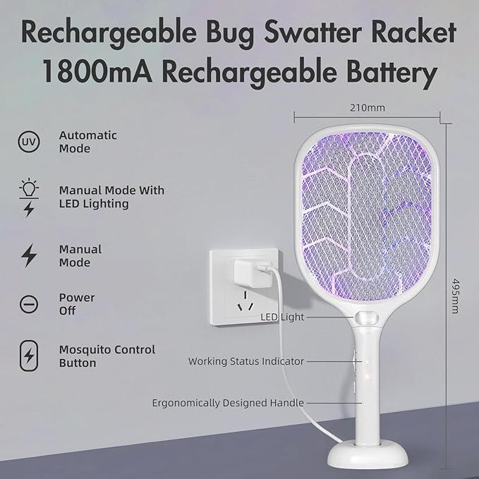 Lulant Electric Fly Swatter Racket,3000V Bug Zapper Racket,1800mA Battery Rechargeable Mosquito Killer, Type-C Rechargeable Base, Three-Layer Protective Safety Mesh for Indoor and Outdoor (2Pack)