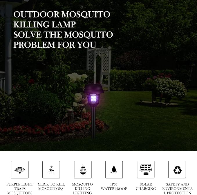 Qualirey 4 Pcs Solar Bug Zapper Waterproof Outdoor Mosquito Zapper Killer and Lighting Repellent Lamp for Indoor Outdoor Use Garden Patio, Purple and White Light(Plastic,Retro Black)