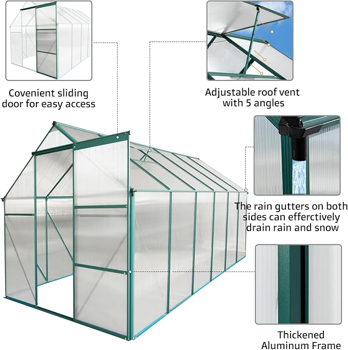 6x12 FT Greenhouse Outdoor Polycarbonate Hot House,Garden Plants Houses with Raised Base,Sliding Door and Adjustable Vent Roof for Patio,Easy to Install,Green