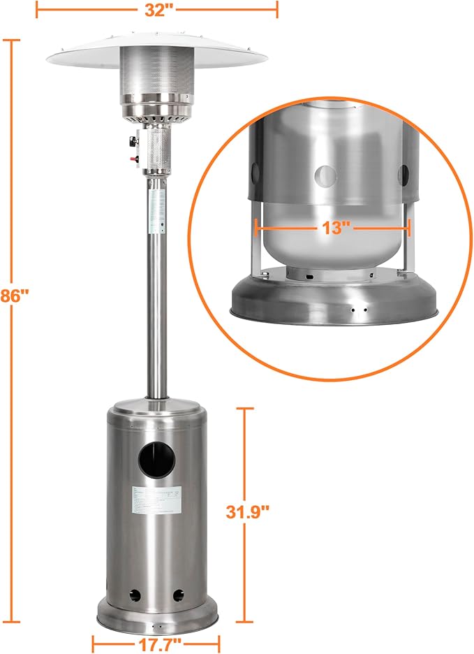 Nuu Garden Outdoor Propane Patio Heater, 46,000 BTU with Stainless Steel Burner and Wheels, Silver for Garden and Terrace