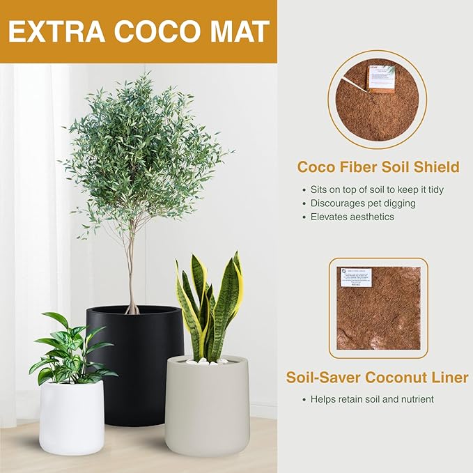 13" H x 12.6" D Conico Fiberstone Round Planter with Drainage Hole, Smooth Finishes, Weather Resistant for Indoor and Outdoor Use, Included 2 Extra Coco Mats (White, 10" Pot Opening)