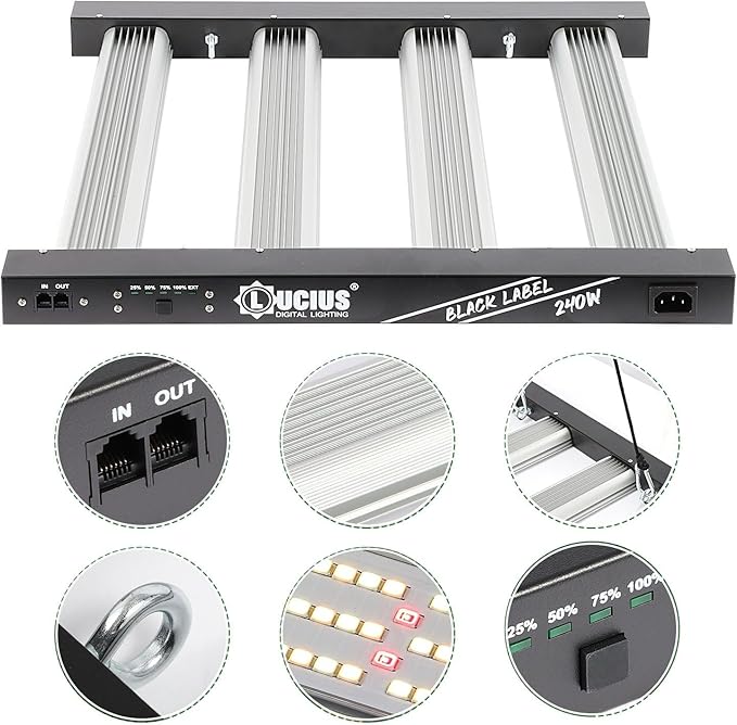 Lucius 240W LED Grow Light with LM281B Diodes, 2.9 µmol/J High Efficiency, Dimmable 4-Bar Light with 1200 Diodes, Full Spectrum Plant Grow Lamp for Indoor Plants, Seeding, Veg, Bloom, 120/240/277V