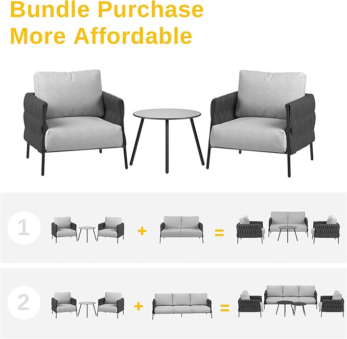 EAST OAK Modern 3 Pieces Patio Conversation Set, Armchairs with Coffee Table, Outdoor Furniture Set with Cushion, Earth Black & Misty Grey
