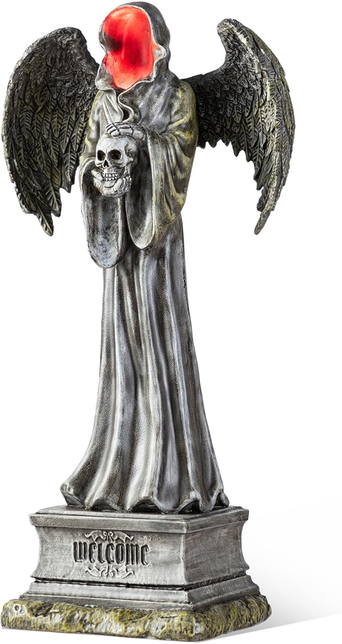 Glitzhome Halloween Porch Decorations, Lighted Halloween Front Porch Standing Sign Decor with Timer, Resin Grim Reaper Sign for Indoor Patio Party, 24" H