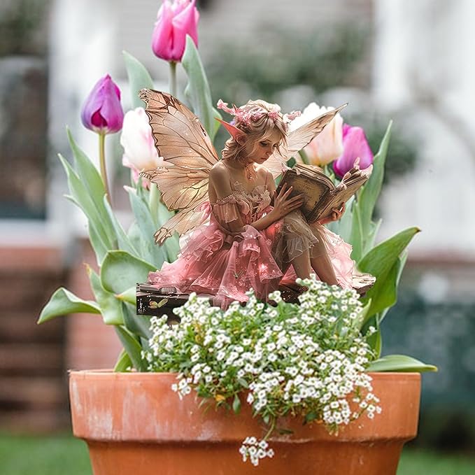 Fairy Garden Stake Decor, 2D Flat Acrylic Fairy Garden Decor Panel, Elf Yard Sign for Outdoor Indoor Yard Lawn Plants Pots, Fairy Backyard Accessories (Pink Fairy Reading a Book)