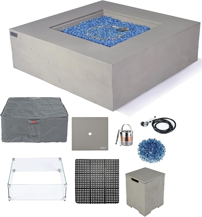 Elementi+ | Bundle Capertee Gas Fire Pit Cast Concrete 40" Square Fire Table, Outdoor Fire Pit Electronic Ignition | Canvas Cover, Fire Glass and Burner Lid Included | Light Gray | Propane Gas