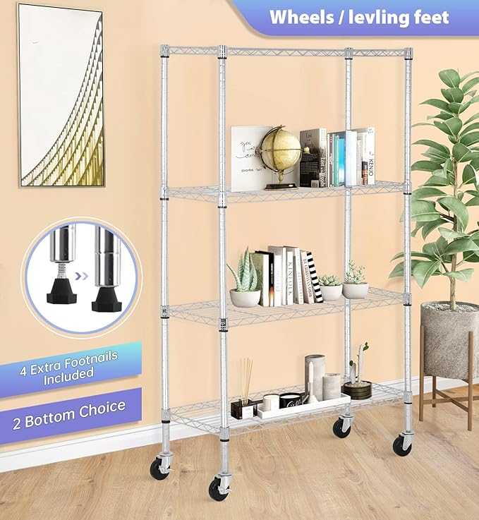 FDW 4-Tier Wire Shelving Storage Shelves Adjustable NSF Wire Shelf Heavy Duty Storage Shelving Unit on 3” Wheel Casters Commercial Metal Wire Rack 36L x 14W x 62H,Chrome