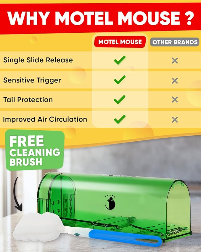 Motel Mouse Humane No Kill Live Catch and Release Mouse Traps, Reusable with Cleaning Brush - 2 Pack