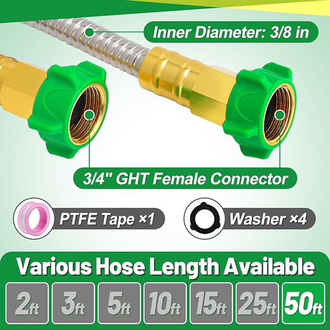 Garden Hose with Female to Female Connector - 50ft Metal Leakproof Leader Hose for Reel, Heavy Duty 304 Stainless Steel Flexible Water Pipe for Outdoor Garden Watering Car Pet Cleaning