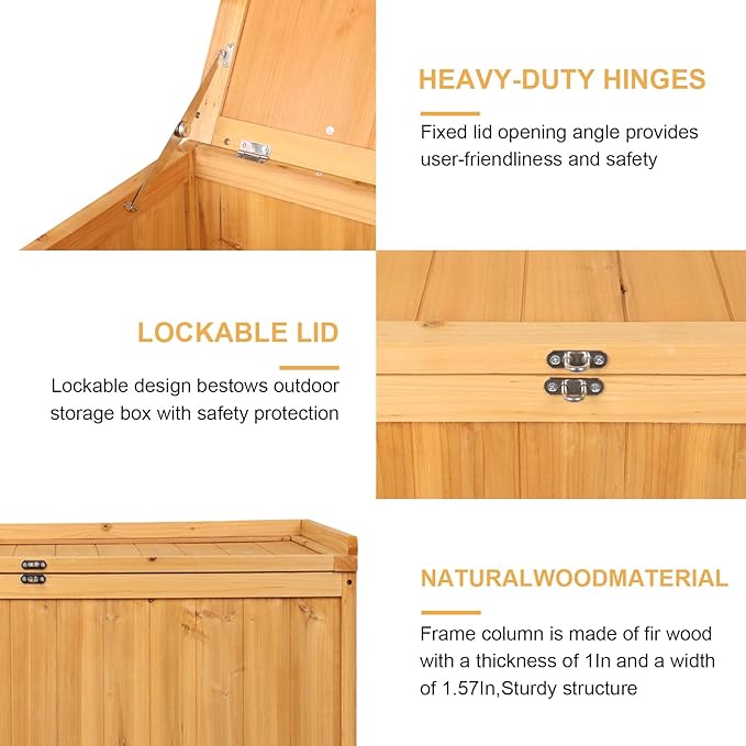 65 Gallon Outdoor Solid Wood Deck Box, Fir wood storage box Deck Box with Sealed Hinged Lid, Furniture Storage Cabine Patio Tool, Backyard Tool, Garden Tool, Pool Equipment, Camping Gear