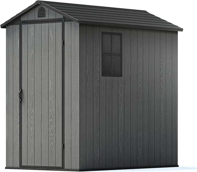 Patiowell 4 x 6 Resin Storage Shed with Floor, Outdoor Plastic Garden Shed with Lockable Door & Window, Easy Assembly Tool Shed for Backyard, Dark Gray