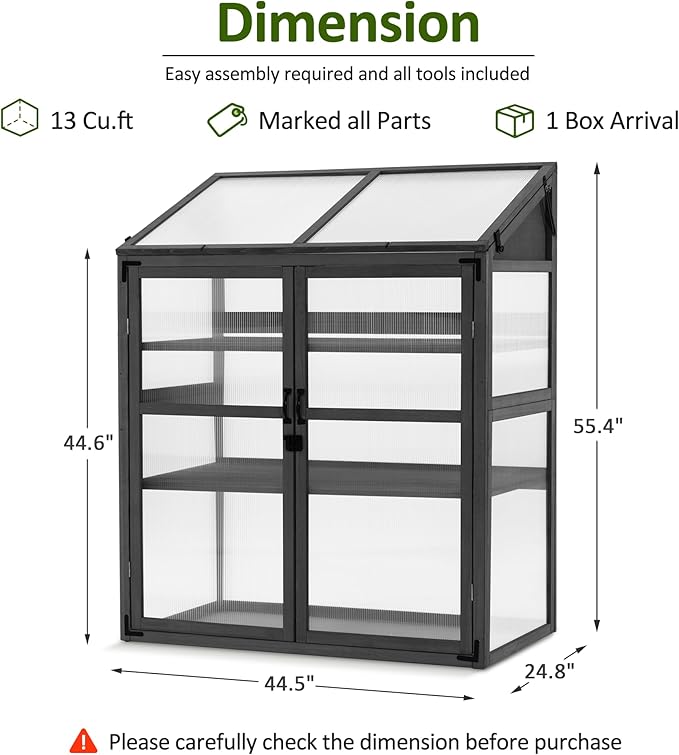Macrout Cold Frame Greenhouse, Large Wooden Greenhouse Cabinet, Garden Cold Frame with Adjustable Shelves for Outdoor Indoor Use, 1344 (Dark Grey)