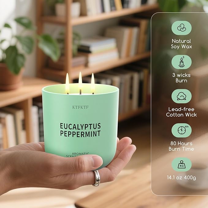 Eucalyptus Peppermint Scented Candle for Home, 14.2oz 80 Hours Long Lasting Aromatherapy Candles for Stress Relief & Energy, Non-Toxic Essential Oil & Soy Wax | Cooling Mint & Woody Aroma