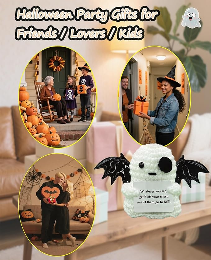 2 Packs Cute Decor for Men Women Kids, Positive Crochet Animals Emotional Support Handmade Mini Ghost Dolls with Positive Cards Halloween Basket Stuffers for Desk Home Decor