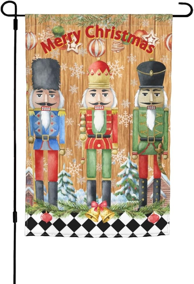 Merry Christmas Nutcracker Buffalo Plaid Check Garden Flag Welcome Party Outdoor Outside Decorations Picks Home House Garden Yard Decor 12x18 Inch