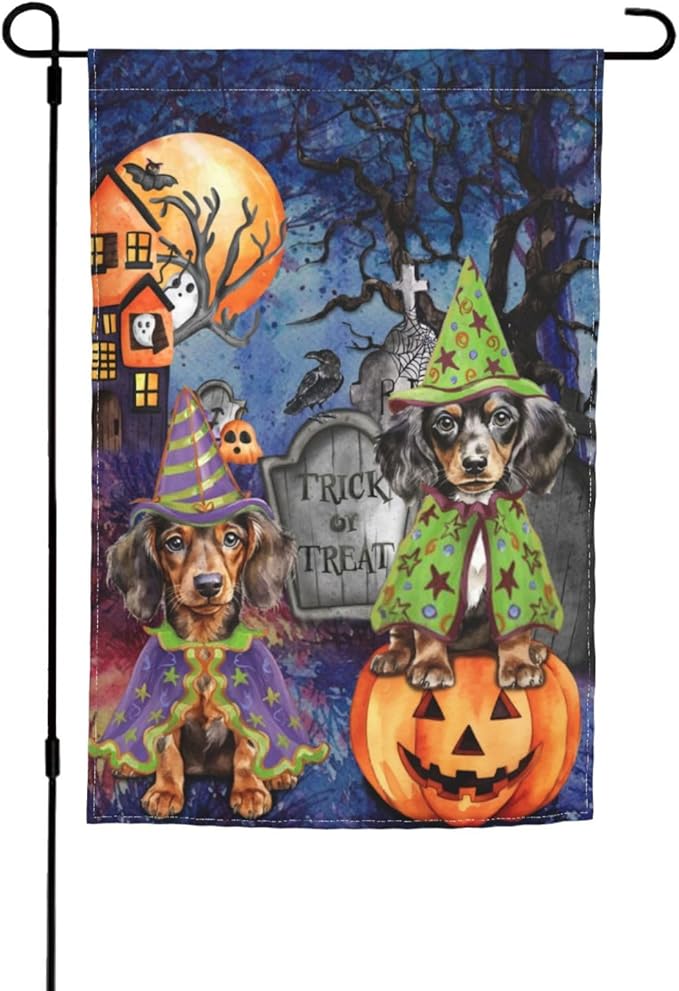 Dachshund Dog Halloween Tombstone Scary Pumpkin Garden Flag Welcome Party Outdoor Outside Decorations Picks Home House Garden Yard Decor 12x18 Inch