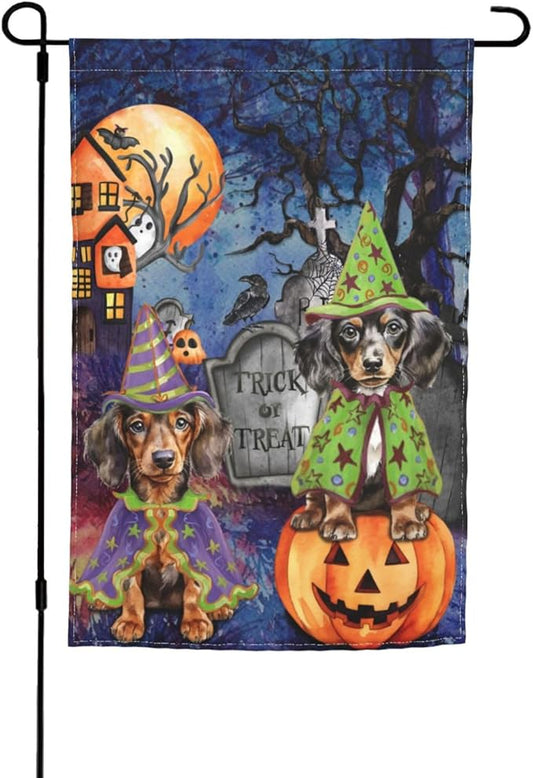 Dachshund Dog Halloween Tombstone Scary Pumpkin Garden Flag Welcome Party Outdoor Outside Decorations Picks Home House Garden Yard Decor 12x18 Inch