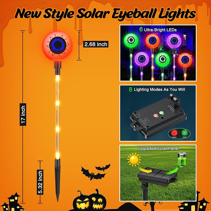 Set of 6 Halloween Decorations Outdoor Solar Eyeball Lights, 8 Modes Orange Purple and Green Scary Eyeballs Light, Waterproof Halloween Pathway Lights for Yard Garden Lawn Party Decor, Gifts