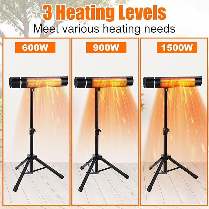 Electric Patio Heater Outdoor 1500W Carbon Infrared Heater with Remote Timer 3 Heat Levels IPX4 Waterproof Tripod Stand Ceiling Wall Mount for Backyard Restaurant Garage