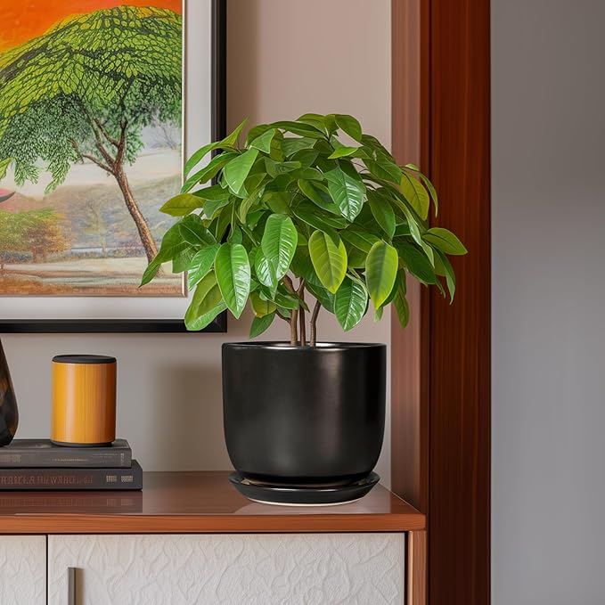 Ceramic Flower Pot 8 Inch - Modern Round Planter for Indoor Outdoor Plants with Drainage Hole and Saucer, Home House Room Office Patio Decor, Black