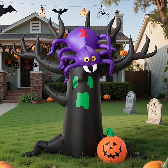 7FT Halloween Inflatable Tree with Giant Purple Spider and Pumpkin, Spooky Blow Up Yard Decoration with LED Lights for Outdoor Lawn, Garden, Party, Holiday Event Decor